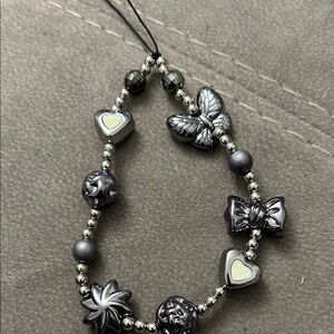 Silver and Gray Beaded phone strap with Charms